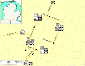 M-52 previously ran along the one-way Main, Church, Broad, Front and Winter streets in downtown Adrian