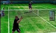 Player character human male about to serve a tennis ball with racket in a tennis court, opponent on the far end.