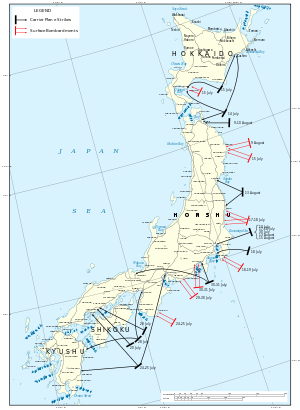 Color map of the Japanese home islands marked with the locations of the Allied fleet when it made the attacks described in the article