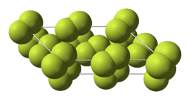 A parallelogram-shaped outline with space-filling diatomic molecules (joined circles) arranged in two layers