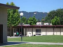 Beige building with red roof. Grassy field in front and tree-covered hill in the back. A group of students sits on a bench facing the building.