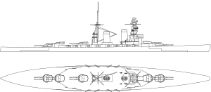 Line drawing of this type of vessel; the ship had a long hull, two tall masts, five gun turrets, and two large funnels.