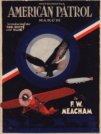 World War One aircraft including plane and blimp, with image of American bald eagle.