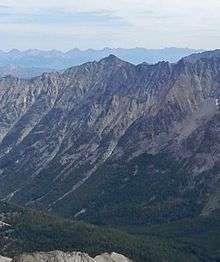 A photo of Angel's Perch viewed from the summit of Hyndman Peak.