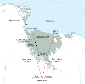  Outline of Ross Sea sector of Antarctica, with lines showing the respective polar journeys of Scott and Amundsen