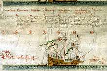 A worn parchment document with several columns of text above a picture of a small sailing vessel.