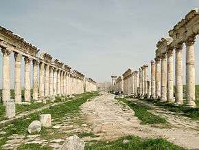 A view down an old stone road lined with columns, some of which are topped with a strip of decoratively carved stone. Some grass has grown through the road and there are people in the distance