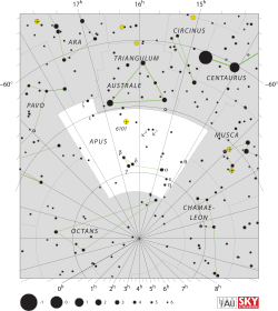 Diagram showing star positions and boundaries of the Apus constellation and its surroundings