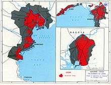 Color map of three diffent urban areas. The urban areas are marked in grey, with red areas being super-imposed over this to show the portion of the city destroyed by bombing.