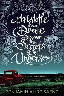 Cover art for "Aristotle and Dante Discover the Secrets of the Universe", which depicts an empty red pickup truck parked in the middle of an empty field in the Southwestern United States.  Above the truck are a number of symbols, including a skull, flowers, a book, rainclouds, the sun, question marks, and indigenous designs.