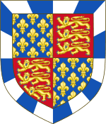 Quarterly: 1st and 4th: azure semy-de-lis Or; 2nd and 3rd: gules three leopards Or; overall a bordure compony argent and azure