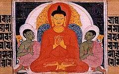 color manuscript illustration of Buddha teaching the Four Noble Truths, Nalanda, Bihar, India