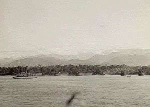 Landing craft unloading on a jungle shore; hazy mountains loom in the distance