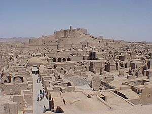 View over a large ruined city colored uniformly in a grey-brown tone. In the background there is a castle in overlooking the surrounding city.