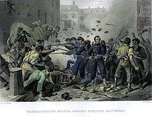 A color sketch depicting a riot in an urban setting. In the center of the scene is a small group of soldiers wearing blue uniforms and carrying muskets with fixed bayonets. The mob attacking the soldiers carries bats, pick axes and other weapons. Bricks and debris are flying in the air.