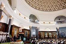 President of the United States of America Barack Obama at the Parliament of India in New Delhi addressing Members of Parliament of both houses in a Joint Session of the Parliament of India.