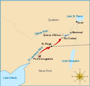 Map showing military movements. British movements are in red; American movements are in blue