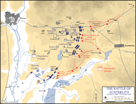 Map with blue lines showing the French advance against the Allied center, symbolized with red lines.