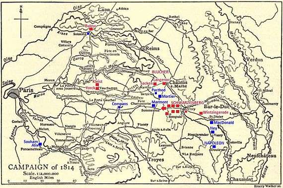 Black and yellow map of the Campaign of 1814 in 1:2,000,000 scale with red and blue units and generals.