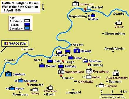 Battle of Teugen-Hausen, showing the attempt by Archduke Charles to cut off Marshal Davout