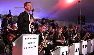 picture of John Stevens singing with the Beantown Swing Orchestra