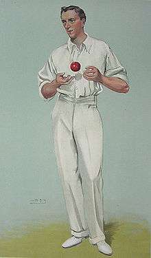 A caricature of a cricketer with a ball in his hand