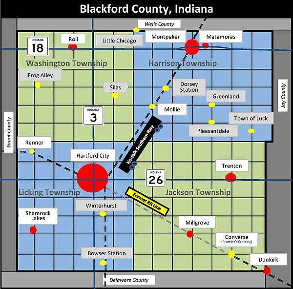 Rectangular map of an Indiana county is almost square. One railroad crosses the southern portion of the county mostly east-west, while the other railroad crosses mostly north-south.  The two rail lines intersect in the county seat, Hartford City.