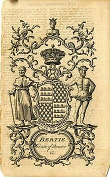 A bookplate showing the coat of arms for Bertie, Duke of Ancaster