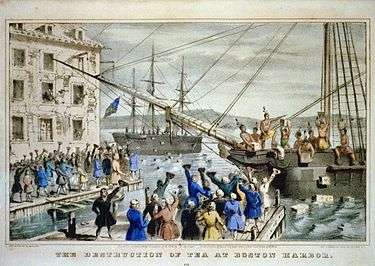 Two ships in a harbour, one in the distance. On board, men stripped to the waist and wearing feathers in their hair are throwing crates overboard. A large crowd, mostly men, is standing on the dock, waving hats and cheering. A few people wave their hats from windows in a nearby building. Monopolistic activity by the company triggered the Boston Tea Party.