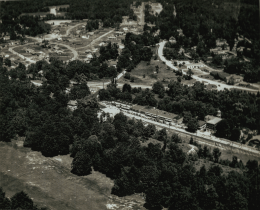 Aerial view of a small village downtown and houses