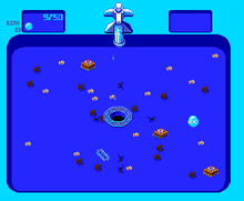 A horizontal rectangular video game screenshot that is an overhead view of a digital representation of a blue sink with a drain in the center. Scattered in the sink are brushes, razors, ants, crumbs, and grease. A small, light blue bubble is located to the right of the drain.