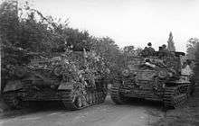 Two armoured vehicles one cowered in tree branches on a hedge lined road