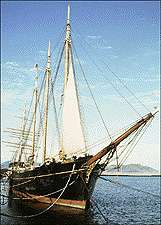 Photograph of the schooner C.A. Thayer at dock, sails furled, with tall masts reaching to a clear sky.