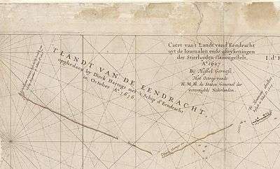 Caert van't Landt van d'Eendracht (detail showing Eendrachtsland) - Text on the close-up crop from the main chart reads, T Landt van de Eendracht, opghedaen by Dirck Hartogs met 't Schip d'Eendracht in October A° 1616 ("The Land of Eendracht", discovered by Dirk Hartog of the Eendracht in October 1616")