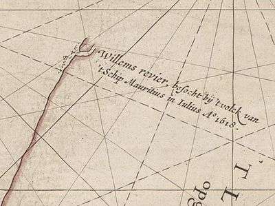 Caert van't Landt van d'Eendracht (detail showing Willems River) - Chart by Hessel Gerritsz, also written "Hessel Gerritszoon".