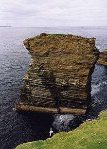 View of a rocky pinnacle standing in the sea, with many seabirds on and around it