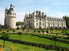 Château de Chenonceau in the Loire valley, the castle that spans the river with a round keep, and garden