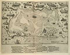 A hand-drawn map and nautical chart. In the center is a harbor area in which boats are drawn. On the shores of the harbor are depictions of fields and houses. Numbers on the watery areas indicate the water depth. A legend at the bottom describes various marked parts of the chart in French.