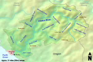 The Chetco River begins near Chetco Peak, and flows north. Collecting minor tributaries, it passes Pearsol Peak to the east and Vulcan Peak to the south. It turns west, then southwest, flowing south of Bosley Butte and north of Mount Emily. Finally, it empties into the Pacific Ocean between the cities of Brookings and Harbor. The watershed is located completely within Curry County.