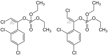 Skeletal formulas of (E)-chlorfenvinphos (left) and (Z)-chlorfenvinphos (right)