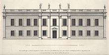 Drawing of a two-storey classical house with statues and urns along the roof