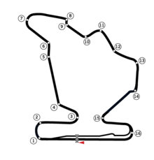 A track map of the Hungaroring circuit. The track has 16 corners, which range in sharpness from hairpins to gentle, sweeping turns. There are two long straights that link the corners together. The pit lane splits off from the track on the inside of Turn 16, and rejoins the track after the start-finish straight.