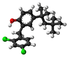 Ball-and-stick model of the clofoctol molecule