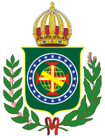 Coat of arms consisting of a shield with a green field with a golden armillary sphere over the red and white Cross of the Order of Christ, surrounded by a blue band with 20 silver stars; the bearers are two arms of a wreath, with a coffee branch on the left and a flowering tobacco branch on the right; and above the shield is an arched golden and jeweled crown