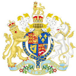 Quarterly, I Gules three lions passant guardant in pale Or impaling Or a lion rampant within a double-tressure flory-counter-flory Gules; II Azure three fleurs-de-lys Or; III Azure a harp Or stringed Argent; IV tierced per pale and per chevron, I Gules two lions passant guardant Or, II Or a semy of hearts Gules a lion rampant Azure, III Gules a horse courant Argent, overall an escutcheon Gules charged with the crown of Charlemagne Or