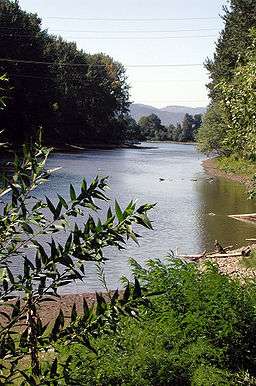 A stream perhaps 70 feet (15 m) wide flows between trees lining both banks. Telephone or electric wires cross above the stream. A set of low hills is in the far distance. The stream is so flat it is hard to say which way it is flowing.