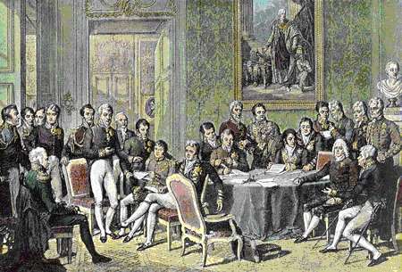 An oil painting of the delegates to the Congress of Vienna.