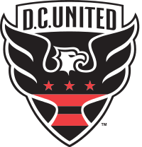 A shield with stylized black eagle facing right with three red stars and two red strips across its chest, and the words "D.C. UNITED above."