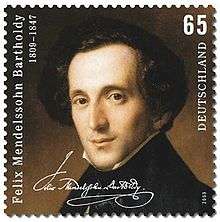 postage stamp showing on a dark background a head-and-shoulders portrait of a dark-haired, narrow faced, middle-aged man looking out at the viewer, weating a high collar and dark coat; text comprises 'Felix Mendelssohn Bartholdy', the dates 1809–1847, a facsimile of Mendelssohn's signature, the figure 65 and the word 'Deutschland'