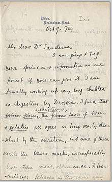 handwritten letter from Charles Darwin to John Burdon-Sanderson dated 9 October 1874